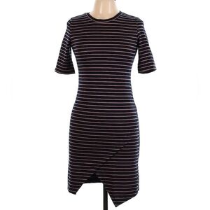 Popular Basics Asymmetric Hem T-Shirt Dress, L, Blue and Tan Stripes, Form Fit